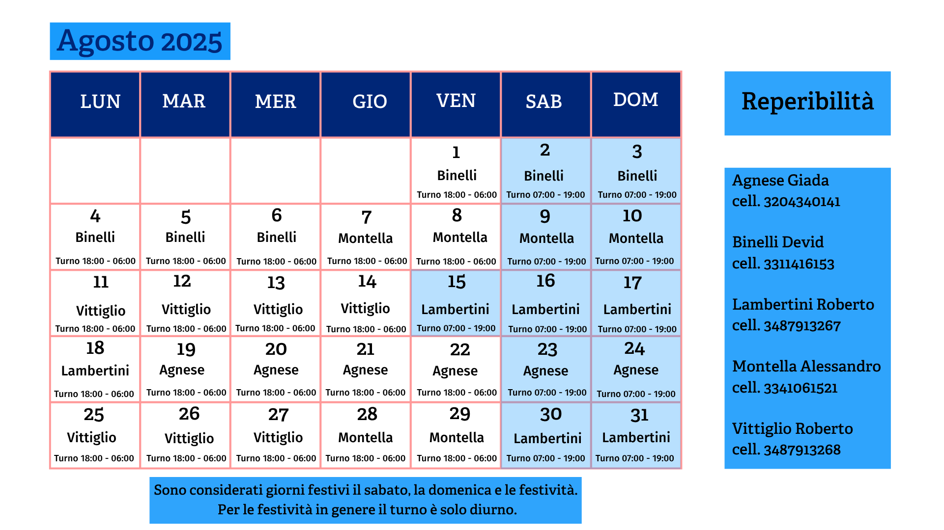 Calendario servizio energia agosto 2025
