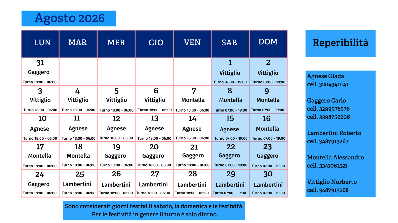 Calendario servizio energia agosto 2026