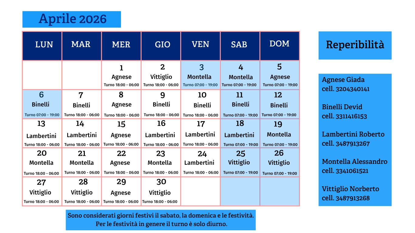 Calendario servizio energia aprile 2026