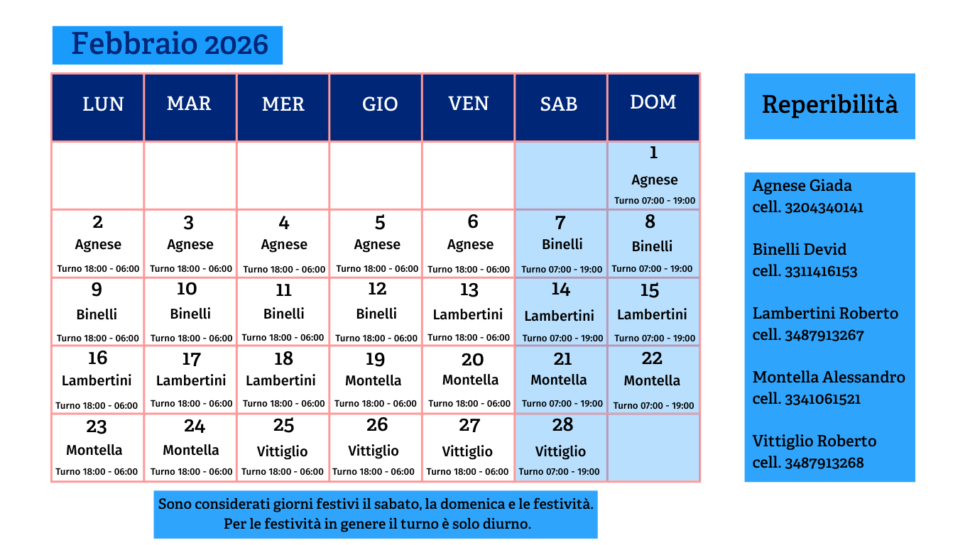 Calendario servizio energia febbraio 2026
