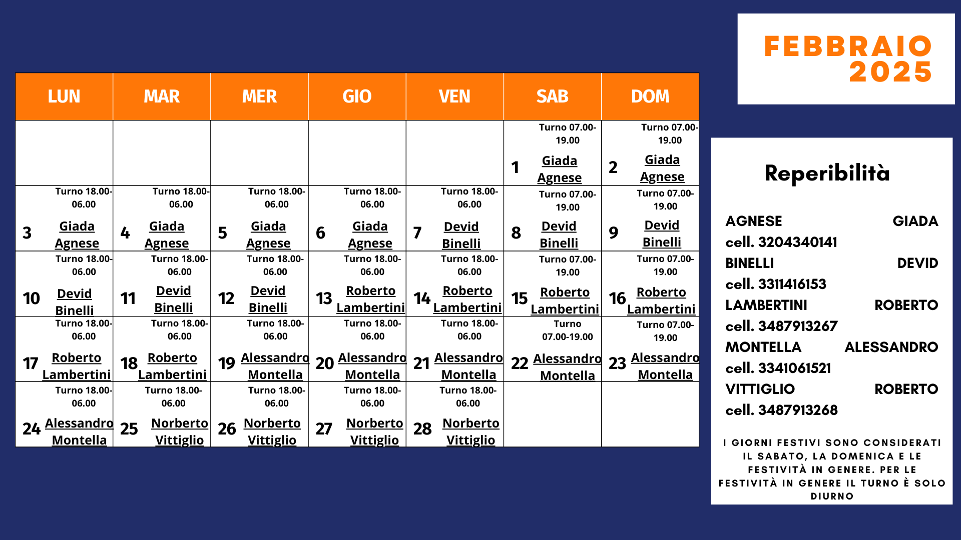 Calendario servizio energia febbraio 2025