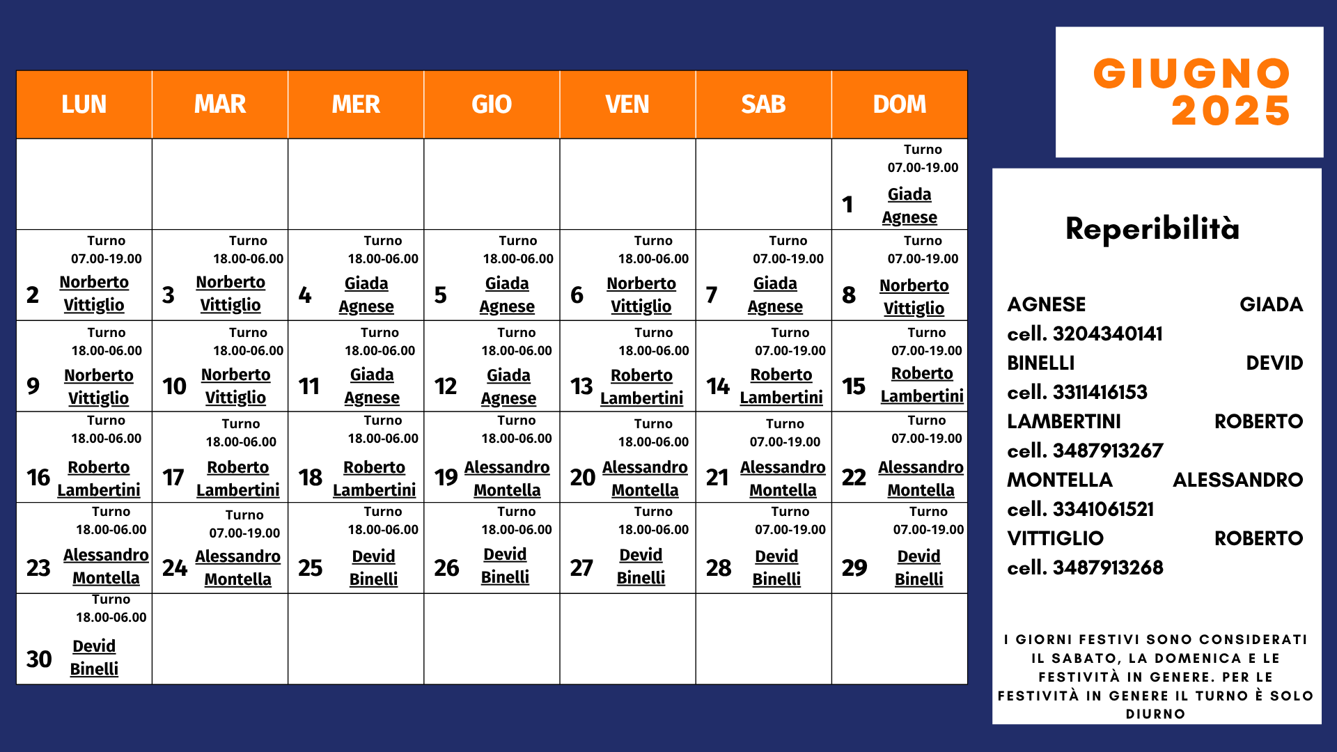 Calendario servizio energia giugno 2025