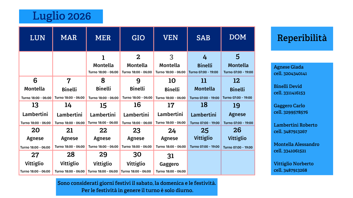 Calendario servizio energia luglio 2026