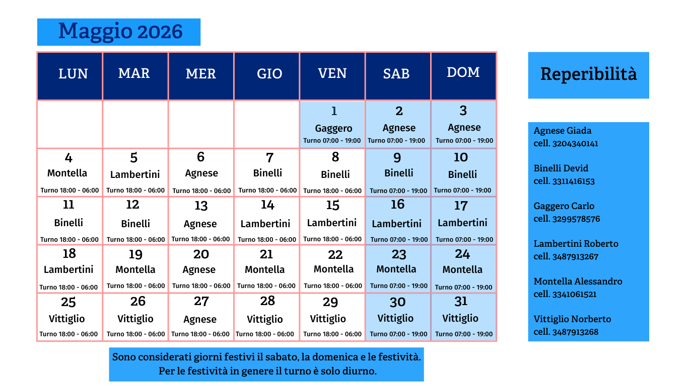 Calendario servizio energia maggio 2026