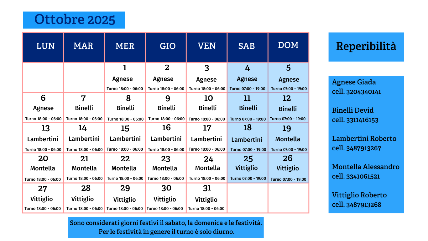 Calendario servizio energia ottobre 2025